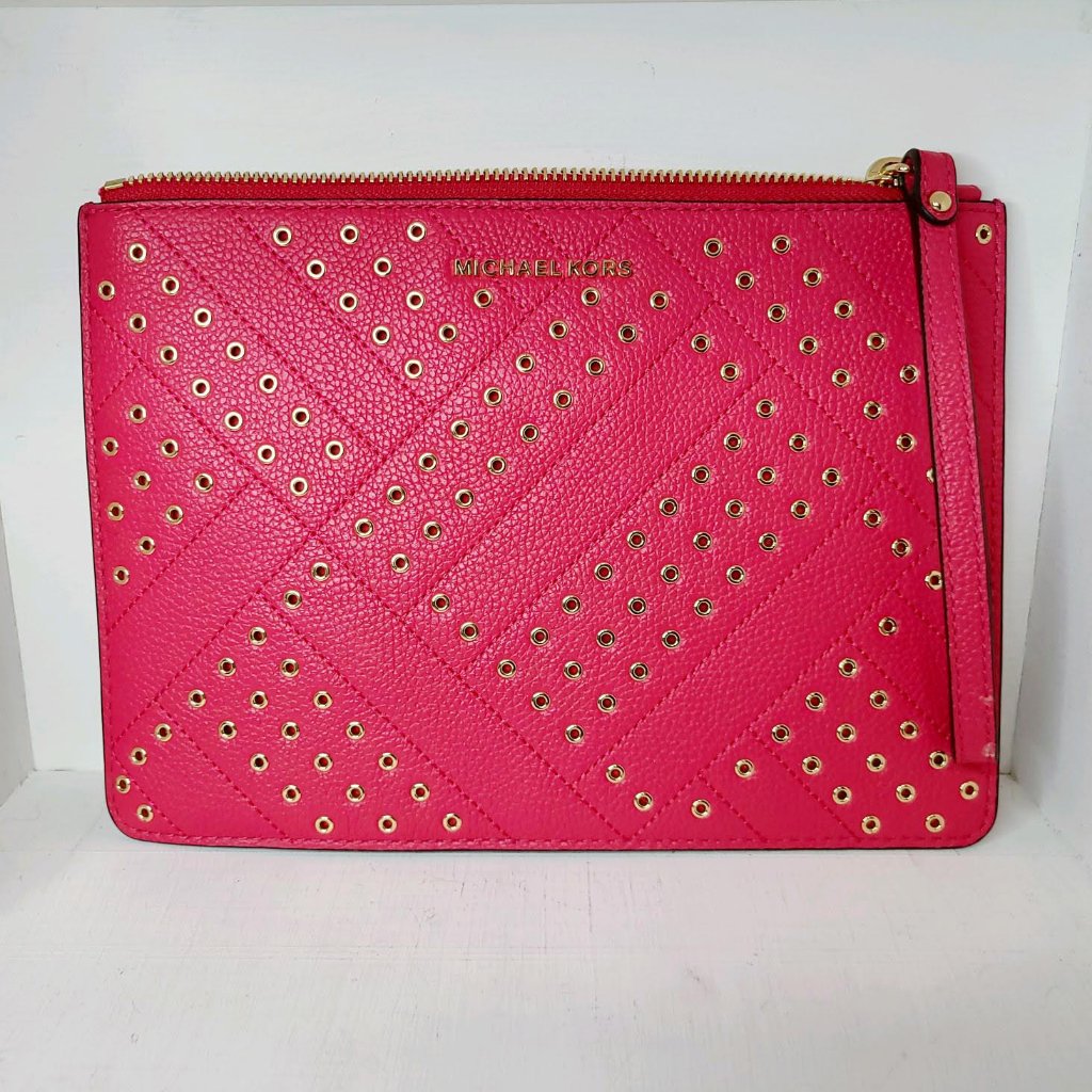Michael Kors Leather Jet Set Travel Xl Zip Grommet Clutch, Rubin Red, Guc
